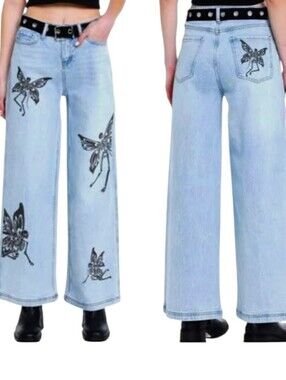 Hot Topic Sweet Society Skeleton Fairy Wide Leg Baggy Jeans Size 3 Black Skulls